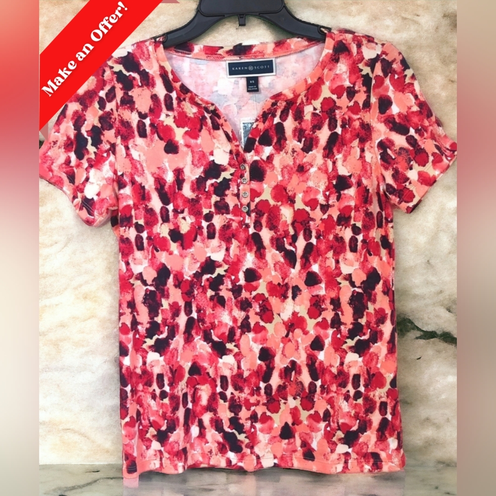 Karen Scott Short-Sleeve Tee! Brand New! Artistic Blotch Pattern, Size: XS